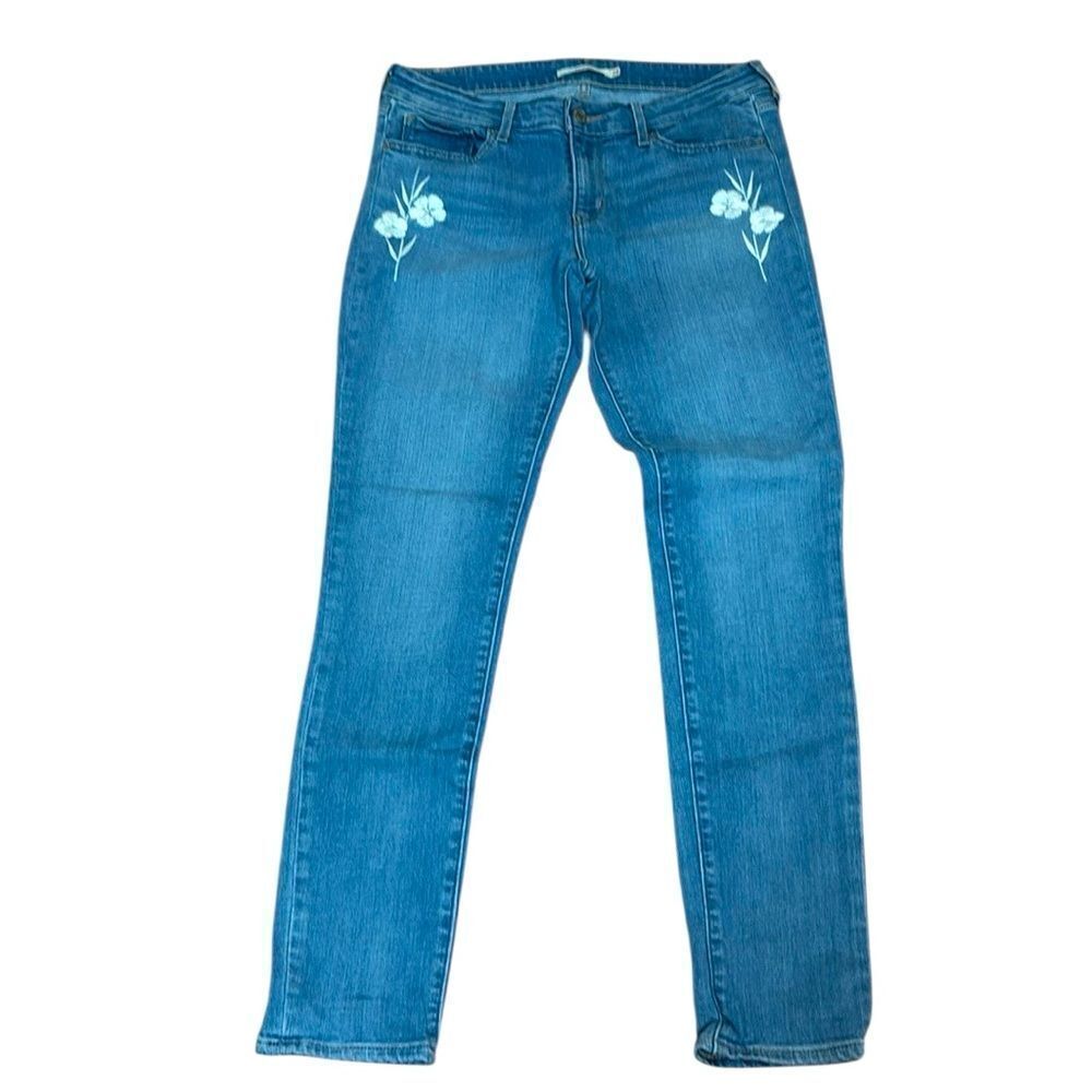 Levi’s Women’s 711 Blue Skinny Jeans , Embroidered white flowers, 29